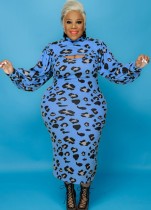 Winter Plus Size Blau Leopard Print Stehkragen Langarm Top und langes Kleid Zweiteiler Set