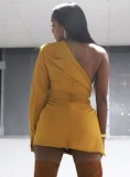 Winter Sexy Yellow Patch One Shoulder Split Blazer Dress