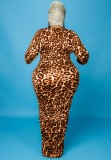 Fall Plus Size Brown Leopard Print Round Neck Long Sleeve Long Dress
