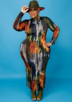Vestido largo de manga larga con cuello alto y estampado de talla grande de invierno