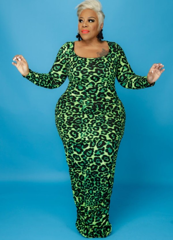 Fall Plus Size Green Leopard Print Round Neck Long Sleeve Long Dress