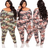 Fall Plus Size Green Camouflage Print Long Sleeve Round Neck Loose Top And Pant Two Piece Set
