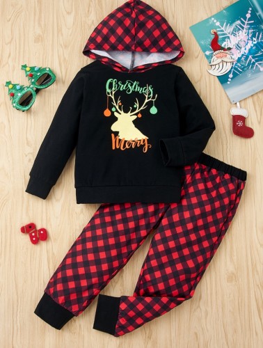 Winter Baby Boy Christmas Deer Print Hoodies and Red Plaid Pants Set