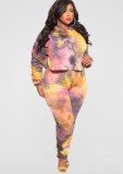 Winter Plus Size Yellow Tie Dyed Hoodies Long Sleeve Top And Pant Two Piece Set