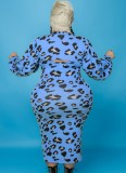 Winter Plus Size Blue Leopard Print High Neck Long Sleeve Top And Long Dress Two Piece Set