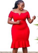 Fall Plus Size Mother of the Bride Elegant Red Off Shoulder Mermaid Midi Party Dress