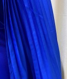 Fall Plus Size Elegant Blue Pleated Clock Sleeve O Neck Slim Formal Party Dress