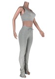 Fall Sexy Grey Vest And Plain Stacked Pant Two Piece Set