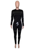 Fall Sexy Black See Through Line Round Neck Long Sleeve Crop Top And Pant Two Piece Set
