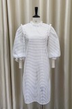 Fall Plus Size White Hollow Out Ruffled O Neck Puff Sleeve Two Piece Dress Sets