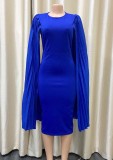 Fall Plus Size Elegant Blue Pleated Clock Sleeve O Neck Slim Formal Party Dress