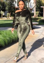 Fall Sexy Green Off Shoulder Velvet Long Sleeve With Belt Jumpsuit