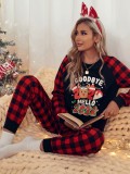 Winter Red Christmas Print Round Neck Long Sleeve T-Shirt And Plaid Pant Pajama Two Piece Set
