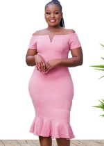 Fall Plus Size Mother of the Bride Elegant Pink Off Shoulder Mermaid Midi Party Dress