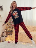 Winter Red Christmas Print Round Neck Long Sleeve T-Shirt And Plaid Pant Pajama Two Piece Set