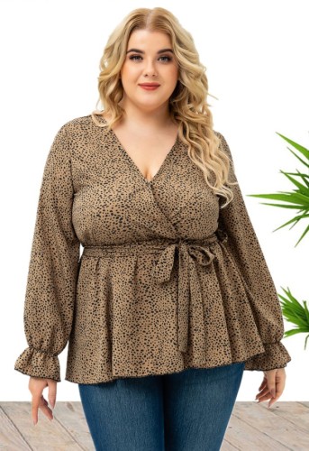 Outono elegante plus size estampa decote em V com blusa de cinto