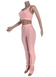 Fall Sexy Pink Vest And Plain Stacked Pant Two Piece Set