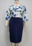 Fall Plus Size Mother of the Bride Elegant Floral Patch Blue Slim Midi Dress