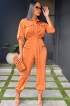 Herbst Plus Size Trendy Orange Turndown Kragen Button Up Halbarm Jumpsuit