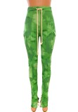 Winter Casual Green Tie Dyed Pocket Stacked Pant