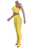 Fall Sexy Yellow Vest And Plain Stacked Pant Two Piece Set