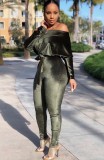 Fall Sexy Green Off Shoulder Velvet Long Sleeve With Belt Jumpsuit