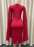 Fall Plus Size Elegant Red Pleated Clock Sleeve O Neck Slim Formal Party Dress