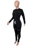 Fall Sexy Black See Through Line Round Neck Long Sleeve Crop Top And Pant Two Piece Set