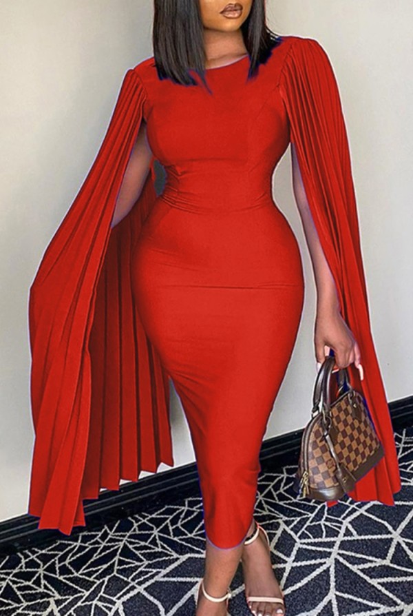 Fall Plus Size Elegant Red Pleated Clock Sleeve O Neck Slim Formal Party Dress