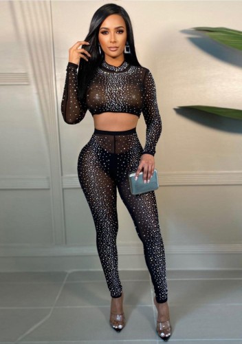 Fall Sexy Black Beaded Tight Crop Top and Pants Two Piece Set