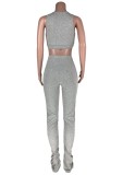 Fall Sexy Grey Vest And Plain Stacked Pant Two Piece Set