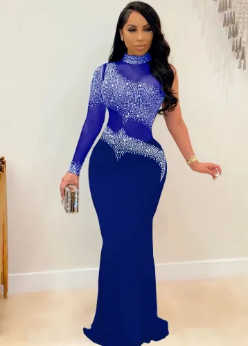 Fall Sexy Blue Sequins One Shoulder High Neck Long Dress