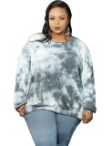 Fall Plus Size Casual Gray Tie Dye Round Neck Loose Pullover Blouse