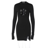 Fall Sexy Black Keyhole Split Sleeve Mini Club Dress