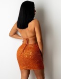 Fall Sexy Orange Sequins Halter Blackless Bodycon Club Dress