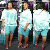 Fall Plus Size Casual Light Blue Tie Dye Round Neck Loose Pullover Blouse