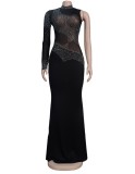Fall Sexy Black Sequins One Shoulder High Neck Long Dress
