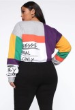 Fall Plus Size Multicolor Patchwork O-neck Cropped Street Pullover Shirt