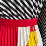 Fall Plus Size Elegant Stripes Flare Sleeve Pleated Dress with Belt