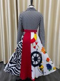 Fall Plus Size Elegant Stripes Flare Sleeve Pleated Dress with Belt