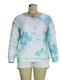 Fall Plus Size Casual Light Blue Tie Dye Round Neck Loose Pullover Blouse