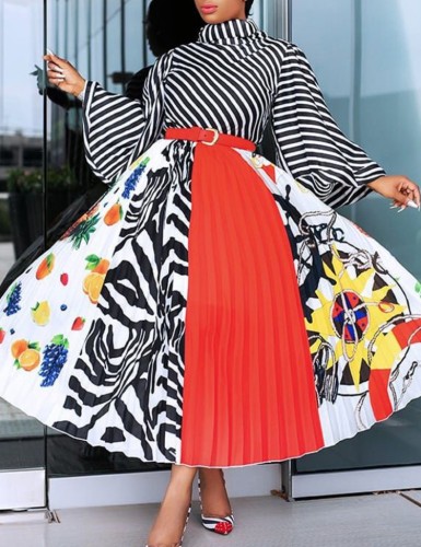 Herbst Plus Size Elegant Stripes Flare Sleeve Plissee Kleid mit Gürtel