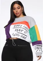 Fall Plus Size Multicolor Patchwork O-neck Cropped Street Pullover Shirt