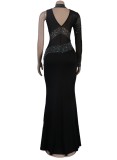 Fall Sexy Black Sequins One Shoulder High Neck Long Dress