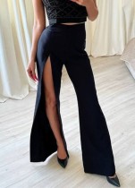 Pantalon fendu sexy noir taille haute d'automne