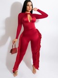Fall Fashion Red Hollow Out Long Sleeve Tassels Jumpsuit