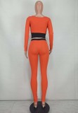 Fall Sexy Orange Contrast Tight Crop Top and Pants Set
