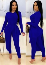 Kışlık Günlük Mavi Yuvarlak Yaka Uzun Kol Yırtmaçlı Uzun Elbise Ve Tayt İki Parça Takım