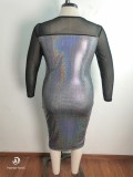 Winter Plus Size Black See Through Sequins Long Sleeve Long Dress