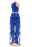 Summer Blue Sexy Tassels Bodycon Crop Top and Pants Set